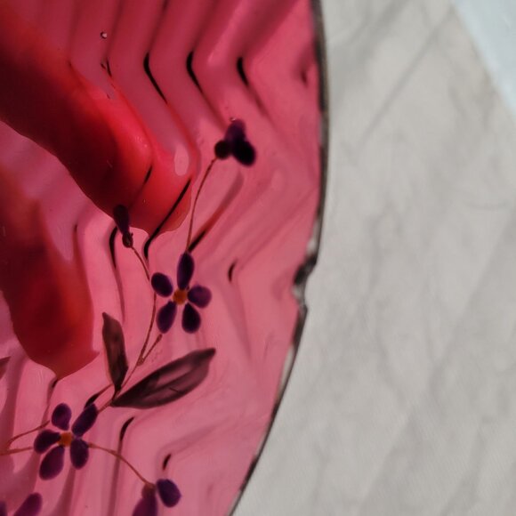 Vintage Hand-Painted Cranberry Glass Bowl Handpainted Floral Design &Chevron Pat - Picture 5 of 13